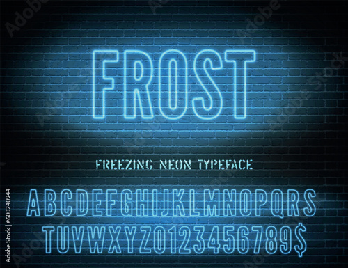 Narrow blue neon font with numbers on dark brick wall background. Vector hollow frost night light box sign