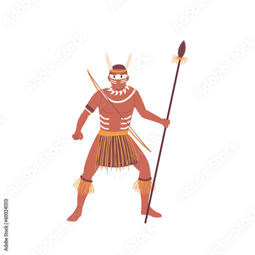 Flat cartoon tribal warrior dressed in ethnic African clothes isolated on white background