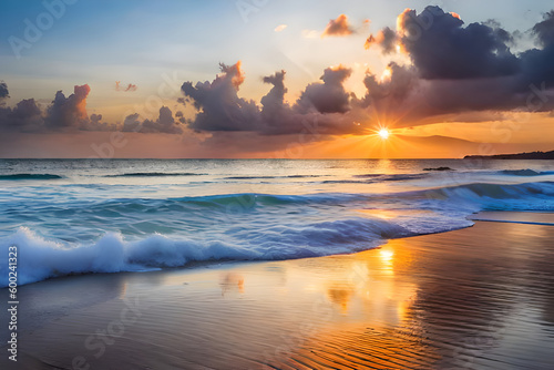 Sunset on the beach with waves (Generative AI, Generativ, KI)