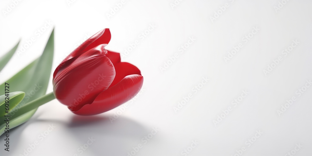 One red tulip flower laying on white background with copy space for text. Generative AI One red tulip flower laying on white background with copy space for text. Generative AI
