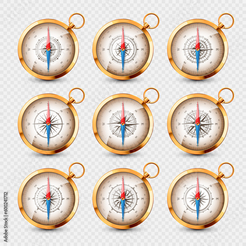 Vintage compass, marine wind rose with cardinal directions of North, East, South, West. Realistic golden navigational compass, shiny metal. Cartography and navigation. Vector illustration