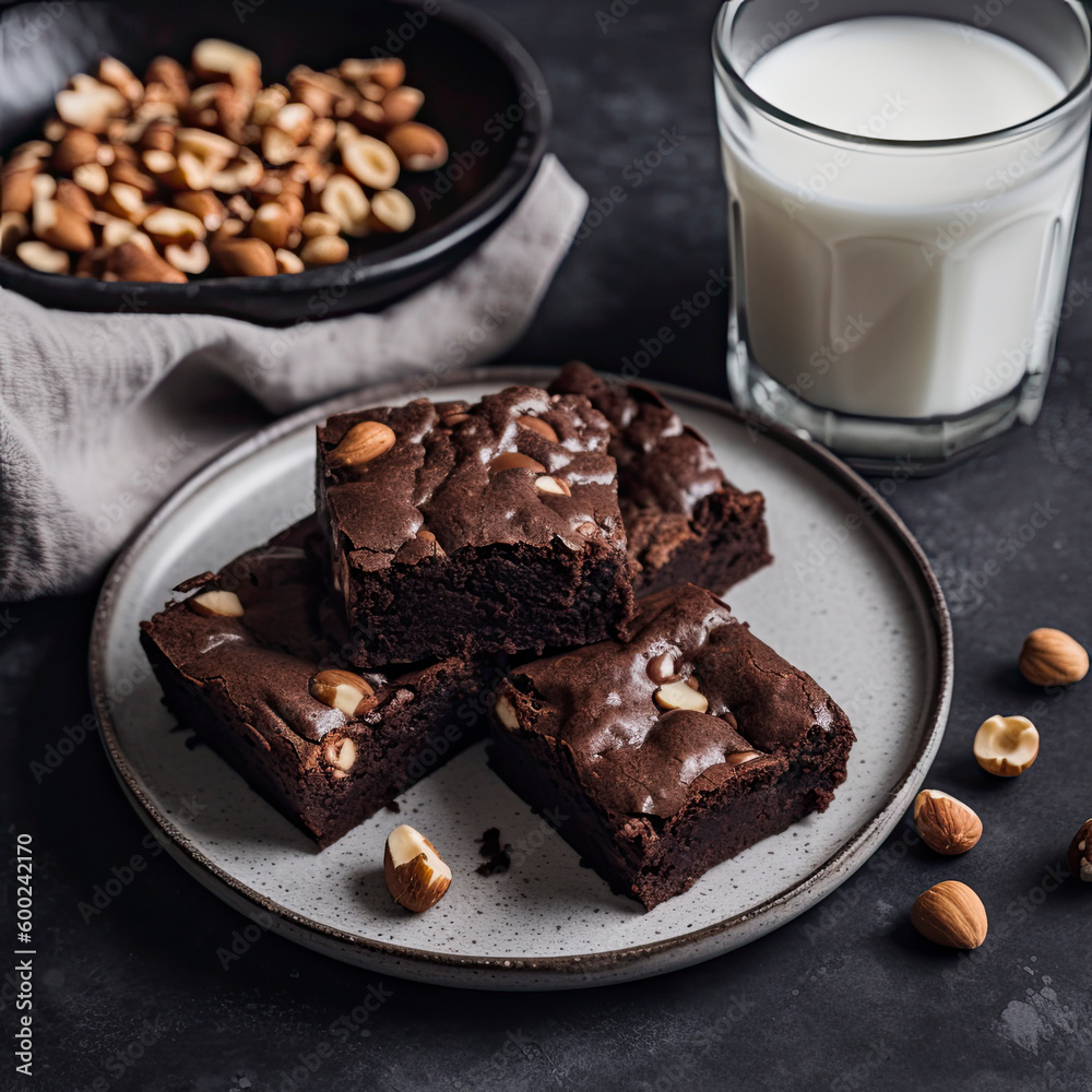 Homemade chocolate brownies with peanuts with glass of milk created with Generative AI technology