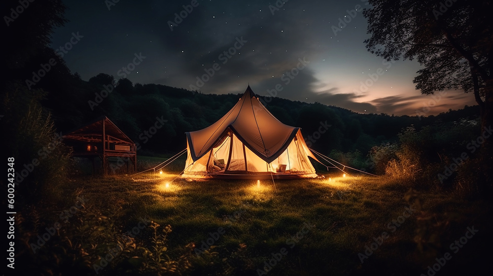 glamping glamorous tent in idyllic scenery, Generative AI