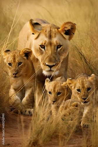 family of lions in realistic ilustrations. AI art.