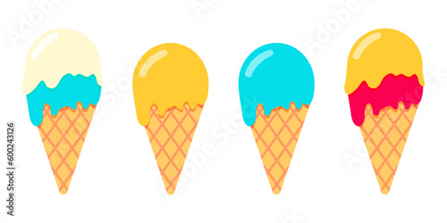 Ice cream coner. Pink and yellow icecream isolate on white