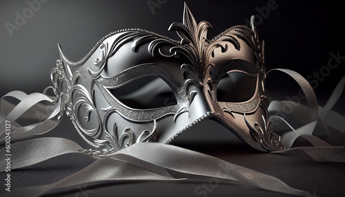 Elegant costume masquerade silver platinum mask w ribbons luxurious backdrop of glitter, sparkle, photography style for beautiful festive holiday invitations announcements flyers (generative AI, AI) 