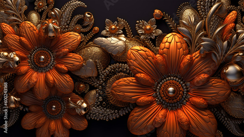 Artwork of orange daisies. Metallic look. Generative AI