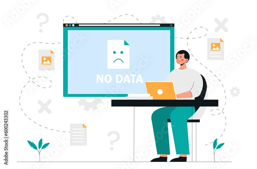 No data concept. Man behind laptop looks sadly at screen. No files in archive and electronic storage, technical error. Wrong link or code.