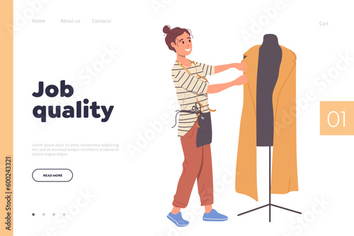 Job quality concept for landing page with happy woman seamstress working nearby mannequin