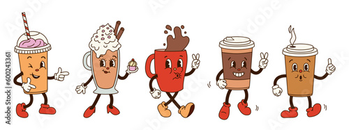 Set groovy retro cartoon coffee characters. Red mug, coffee to go, cappuccino, latte with eyes and gloved hands. Isolated flat illustration in style 60s 70s