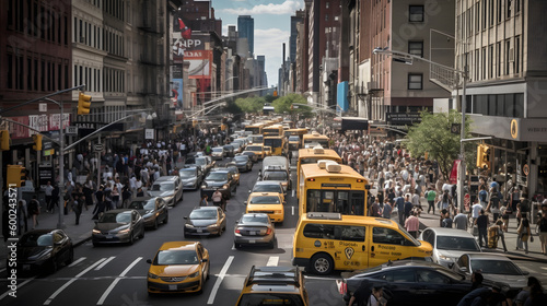 he Hustle and Bustle of New York City's Streets at Rush Hour, generative AI © Stockerl