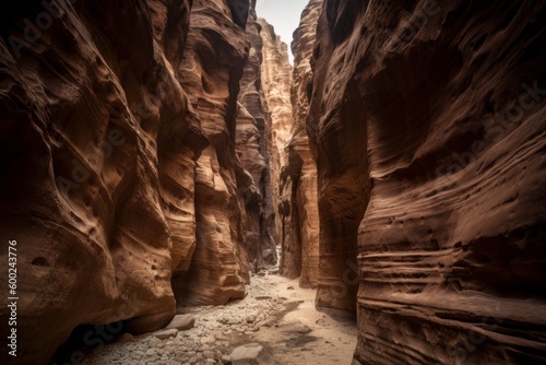 A breathtaking shot of the Siq, a narrow canyon leading to Petra's main entrance. Experience the wonder and mystery of Petra's majestic Siq. Generative AI photo