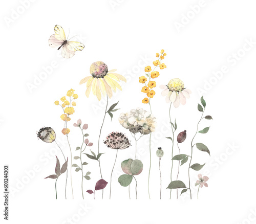 Abstract wildflowers and cute butterfly, floral card of colored flowers and leaves, isolated watercolor illustration for invitation, greeting cards or wallpapers.