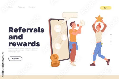 Landing page with loyalty digital marketing program in social media offering referrals and rewards