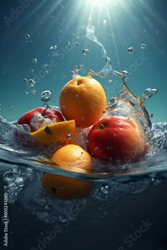 background lemon vitamin strawberry healthy green fruit food fresh drop water. Generative AI.
