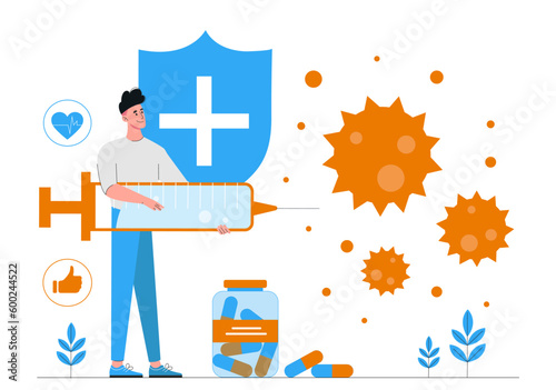 Person protecting himself. Man with syringe and pills in front of shield with cross. Health care and fight against viruses and diseases, prevention and vaccination. Cartoon flat vector illustration