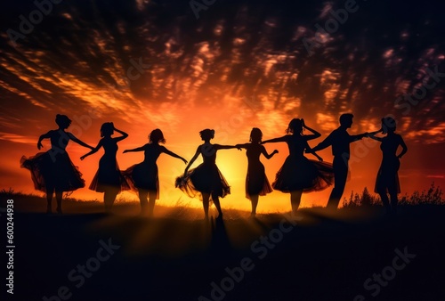 The painting depicting the silhouettes of people dancing with the sunset with generative AI