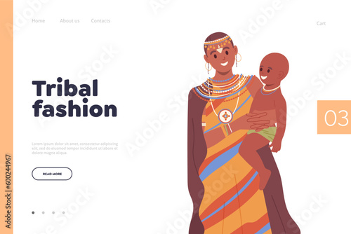 Tribal fashion landing page template with African woman carrying child in traditional clothes