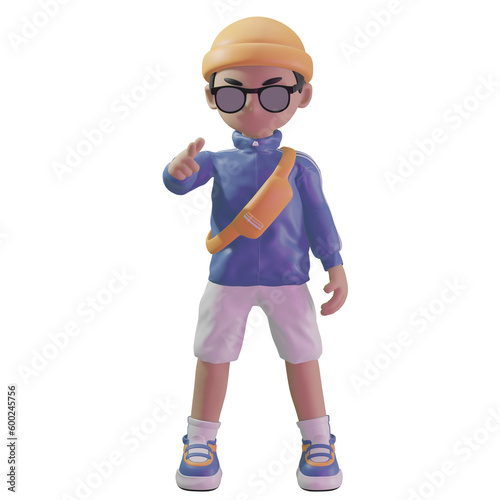 3d character with a blue jacket and sunglasses