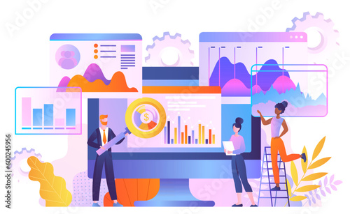 Seo analytics concept. Man with magnifying glass and women evaluate graphs and charts. Statistics and information evaluation, data visualization and infographics. Cartoon flat vector illustration