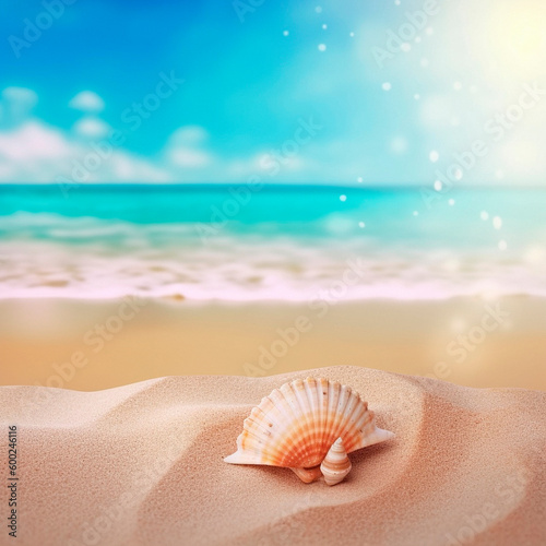 Background with a beautiful shell on the beach. High quality illustration Generative AI