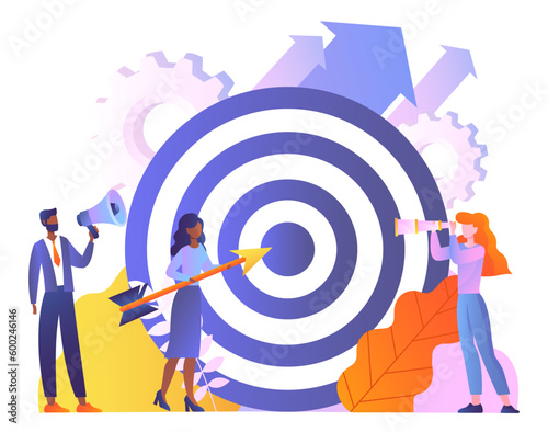 People with target concept. Goal setting and motivation, vision of future. Employees working on common project. Collaboration and cooperation. Cartoon flat vector illustration