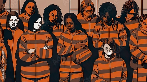american women in striped orange suits behind jail bars. Females  in colorful overalls. Law and justice concept. Illustration, Generative AI.