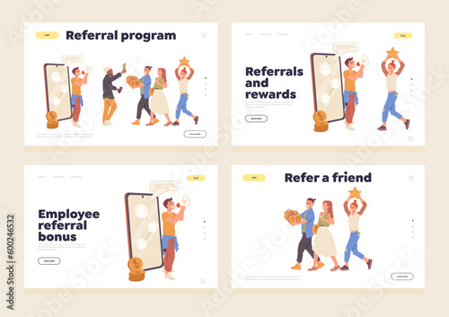 Set of landing page for social media online service offering referral loyalty program for customers photo