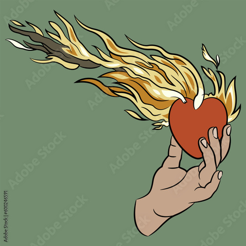 Human hand holding burning heart. Creative symbol of love, sacrifice and passion. On green background.