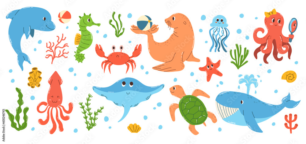 Fototapeta premium Set of colorful hand drawn marine animals and objects underwater world in flat vector style.
