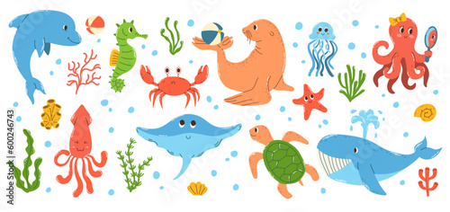 Set of colorful hand drawn marine animals and objects underwater world in flat vector style.