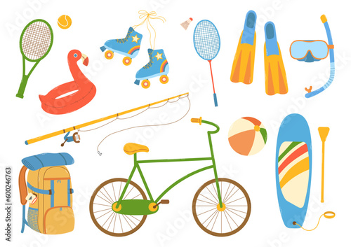 Big set items of beach and outdoor summer activities. Bicycle, roller skates, sup board, hiking backpack, diving mask and fins, badminton, tennis, fishing rod. Flat hand drawn vector illustration