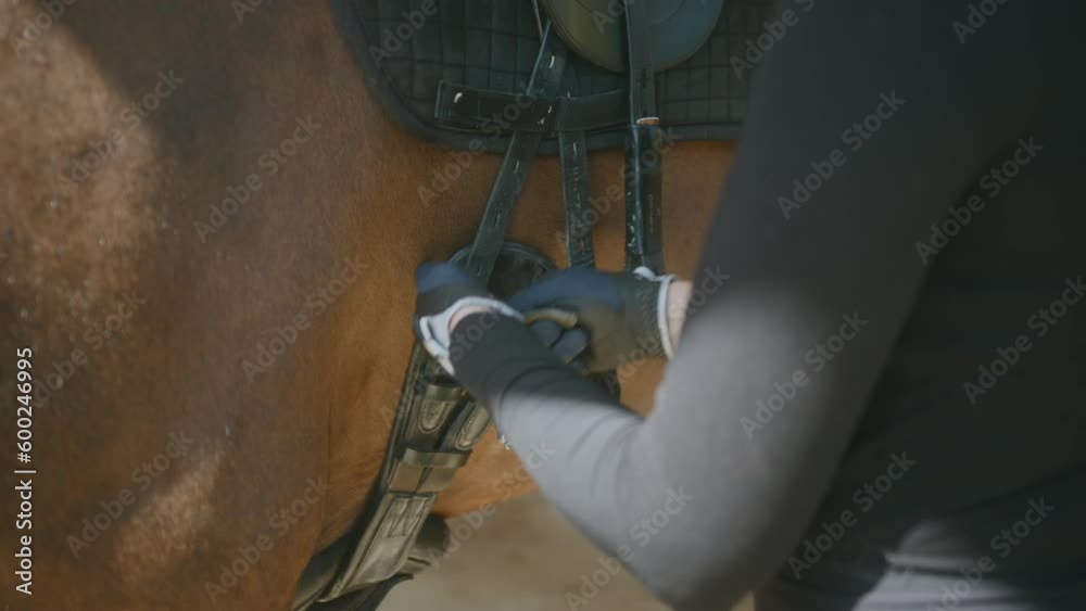 Horse rider adjusting saddle straps preparing horse for riding training