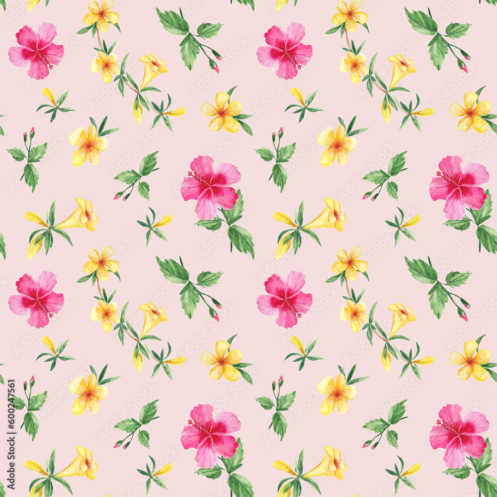 Seamless watercolor pattern with exotic tropical flowers. Hibiscus, alamanda, yellow bell. Botanical illustration isolated on pink background. Can be used for fabric prints, gift wrapping paper