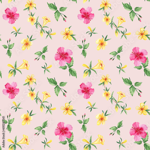 Seamless watercolor pattern with exotic tropical flowers. Hibiscus, alamanda, yellow bell. Botanical illustration isolated on pink background. Can be used for fabric prints, gift wrapping paper © Tatiana
