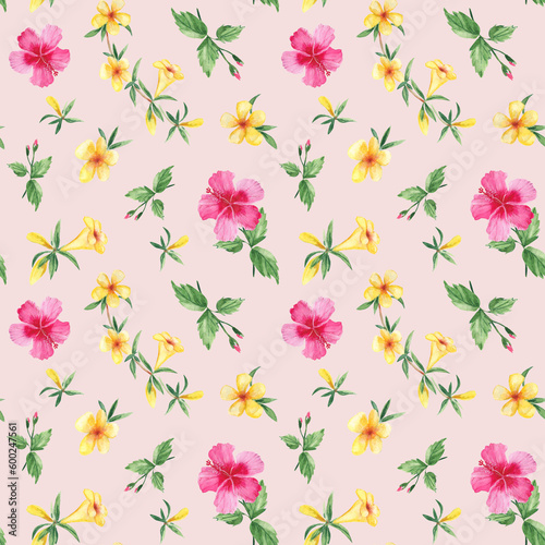 Seamless watercolor pattern with exotic tropical flowers. Hibiscus  alamanda  yellow bell. Botanical illustration isolated on pink background. Can be used for fabric prints  gift wrapping paper