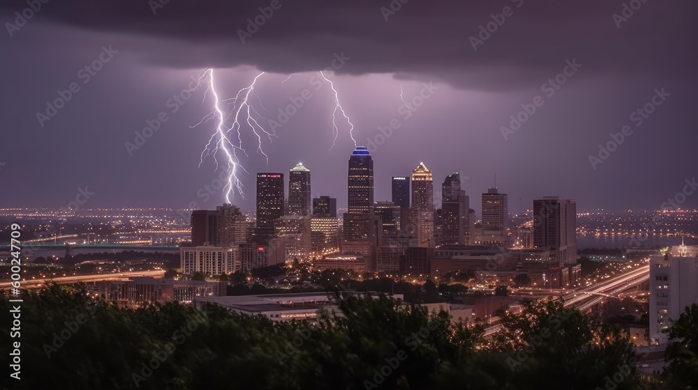 Fototapeta premium A dramatilightning storm illuminating the skyline AI generated