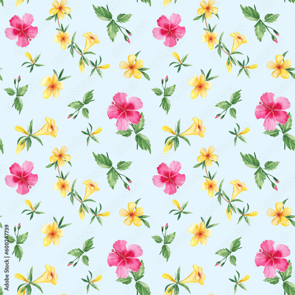 Seamless watercolor pattern with exotic tropical flowers. Hibiscus, alamanda, yellow bell. Botanical illustration isolated on blue background. Can be used for fabric prints, gift wrapping paper