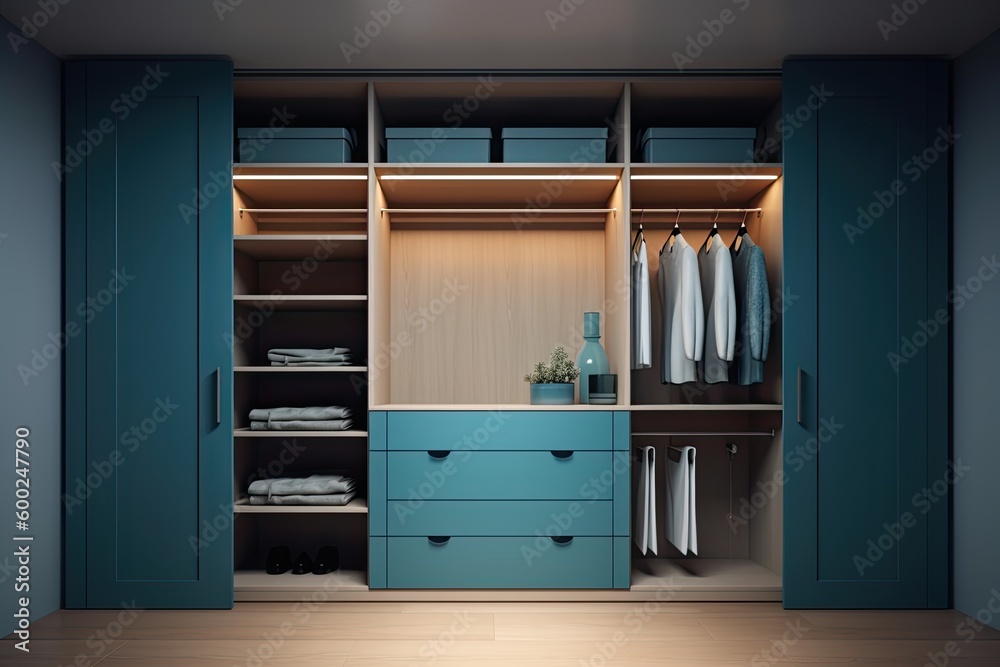 Tidy and Clean Storage for Your Home: Realistic Front View of a Modern Walk-In Closet Cabinet in Scandinavian-Style Warm Blue Mates Cabinet and Shelfs. Generative AI