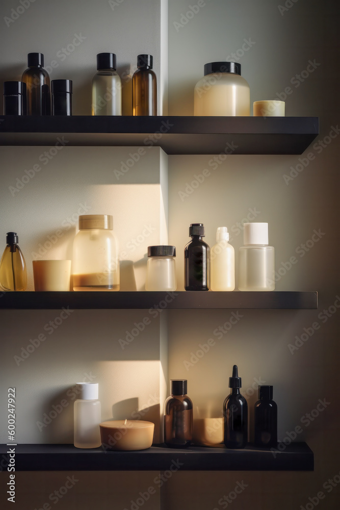 Aesthetic high-end still life photograph of shelves filled with unbranded minimal luxury beauty and skin care products Aesthetic high-end still life photograph of shelves filled with unbranded minimal luxury beauty and skin care products