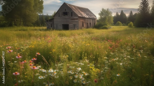 A flower filled meadow with a picturesque barn AI generated