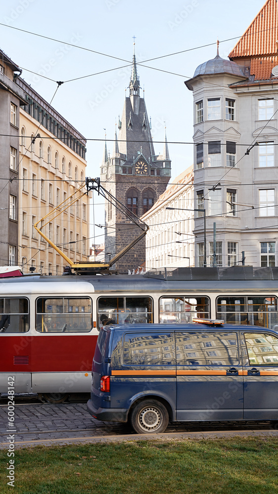 Traffic on the city street. Busy day in Prague, Czezh Republuc.