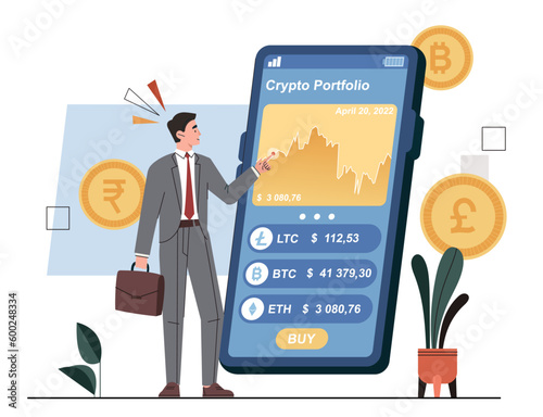 Cryptocurrency market concept. Man in suit with briefcase looks at smartphone screen. Investment and trading, economics. Graphs and charts, diagrams, analytics. Cartoon flat vector illustration