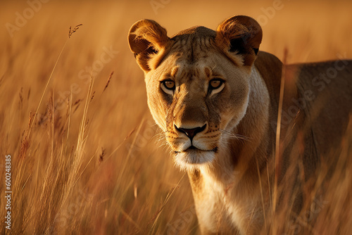 Incredible Power: Fierce Lioness Stalking Prey in the Grasslands