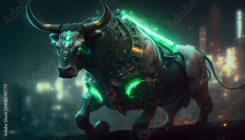 futuristic mechanical bull with green glowing eyes and aura charging © Oleksandr