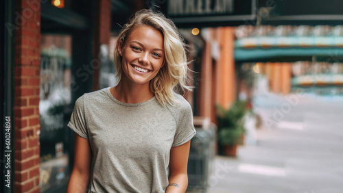 Portrait of a charming smiling waitress working at small business shop outdoors - Working woman small business owner food and drink cafe concept. AI generative 