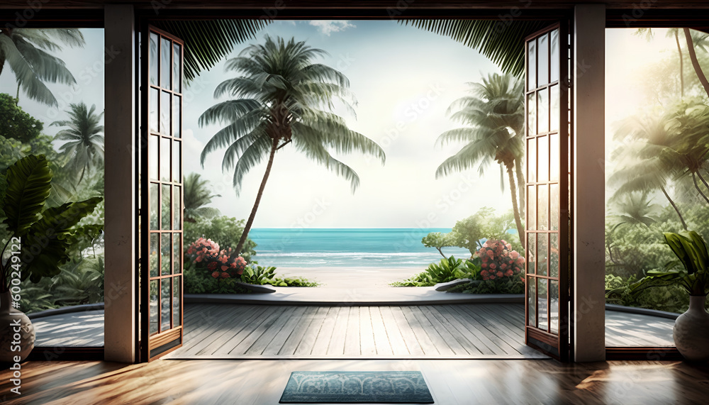 Open tropical yoga studio place with view outside to the beautiful garden with palm trees and ocean - obrazy, fototapety, plakaty 