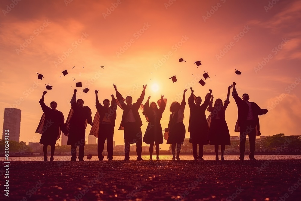 A painting depicting university graduates throwing their hats off at sunset with generative AI A painting depicting university graduates throwing their hats off at sunset with generative AI