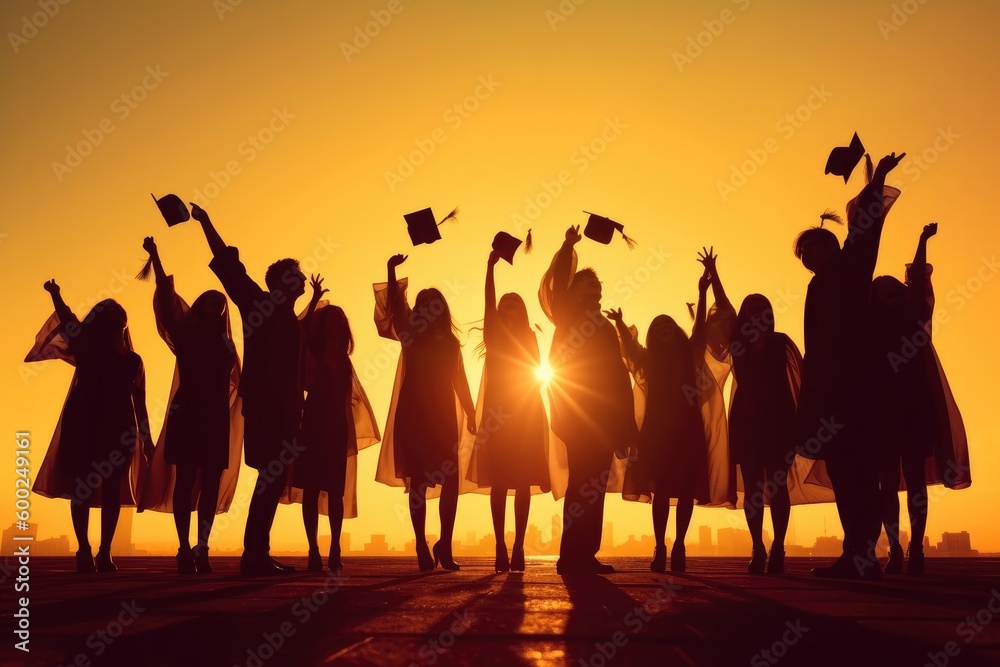 A painting depicting university graduates throwing their hats off at sunset with generative AI