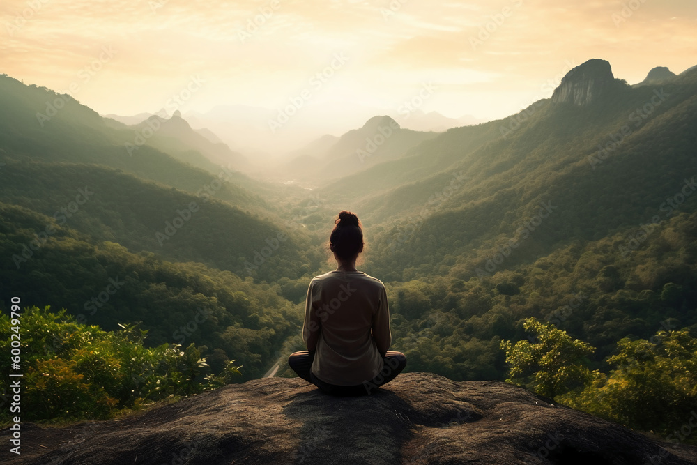 A person meditating on top of a hill, overlooking a vast landscape of mountains and forest. AI generative